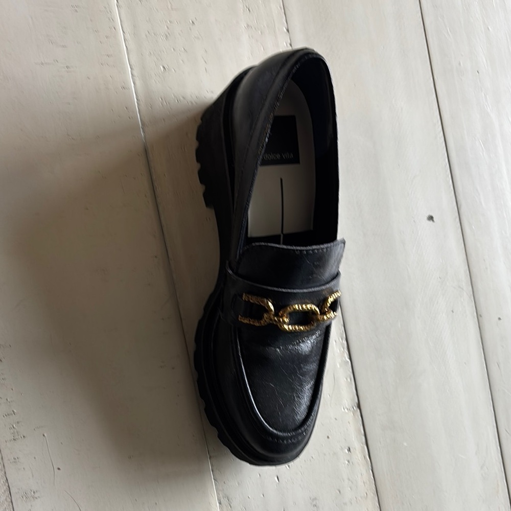 Black Leather Loafers with Gold Chain Accent